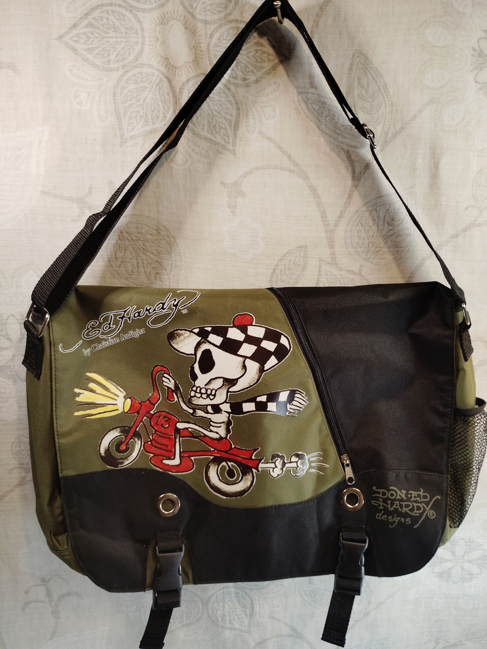 Ed Hardy Olive Green & Black Skull Motorcycle Messenger Bag